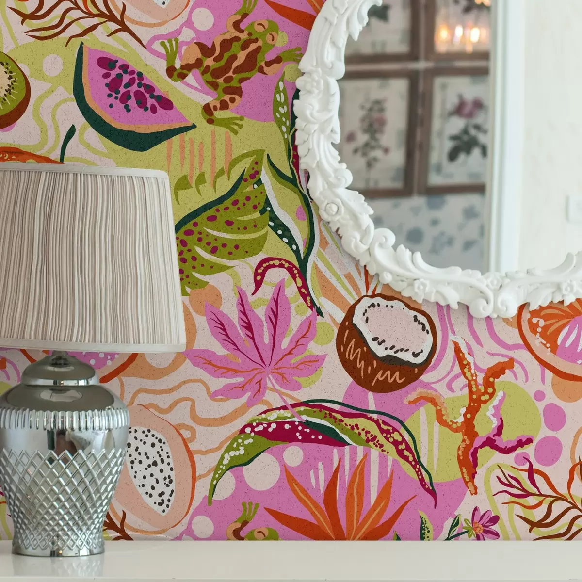 Papel de parede Frutos exóticos, folhas e camaleões num estilo tropical a00469