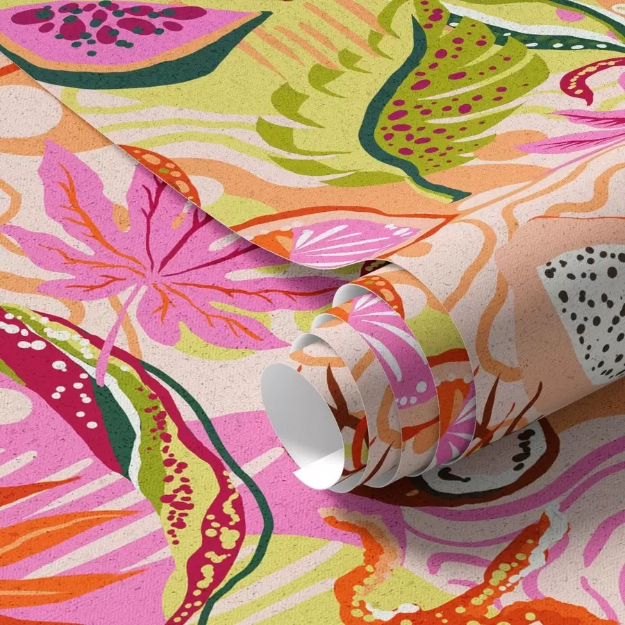 murais de parede Frutos exóticos, folhas e camaleões num estilo tropical a00469