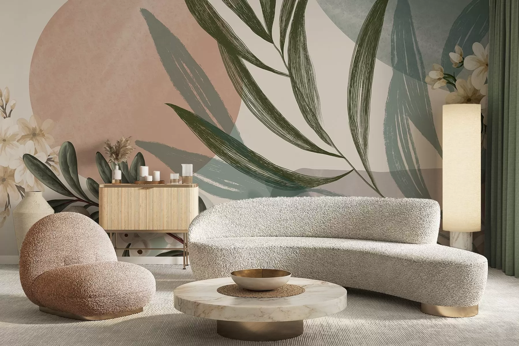 murais de parede Arte botânica abstrata com folhas de palmeira verdes e bagas brancas, sobre um fundo de formas em tons de terra suaves w09312