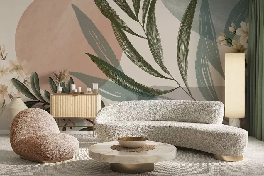 murais de parede Arte botânica abstrata com folhas de palmeira verdes e bagas brancas, sobre um fundo de formas em tons de terra suaves w09312