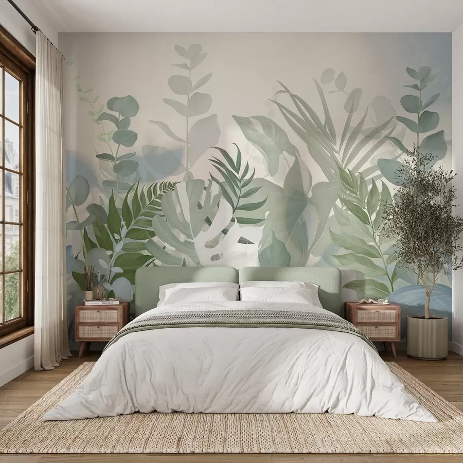 murais de parede Plantas verdes pastel, fetos, monstera e eucalipto, fundo com textura clara, iluminação suave, tranquilidade, ilustração botânica w09316