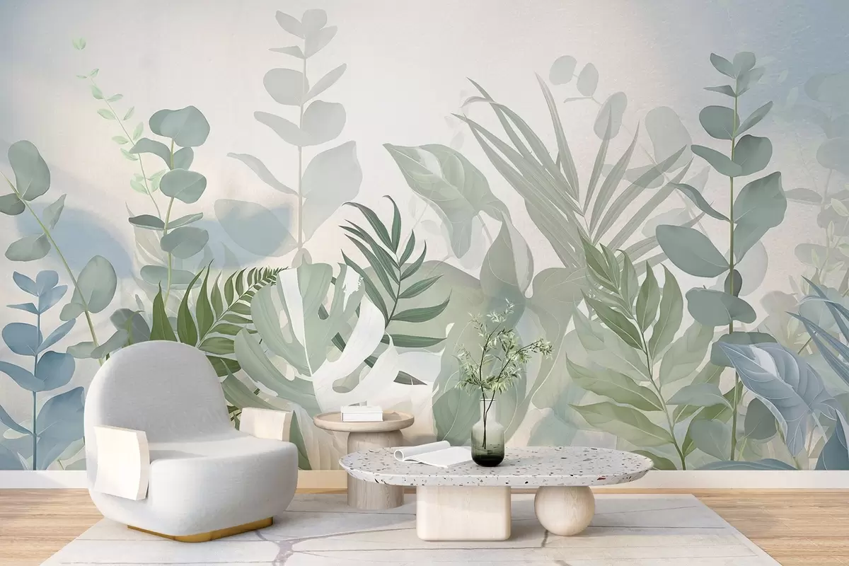 murais de parede Plantas verdes pastel, fetos, monstera e eucalipto, fundo com textura clara, iluminação suave, tranquilidade, ilustração botânica w09316