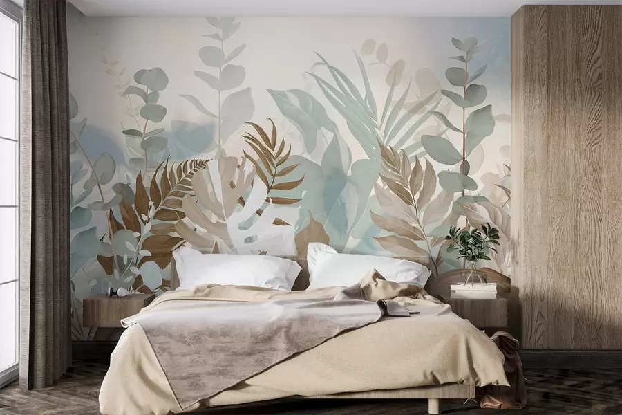 murais de parede Plantas em tons pastel, fetos, monstera e eucalipto, fundo com textura clara, iluminação suave, tranquilidade, ilustração botânica w09316v1