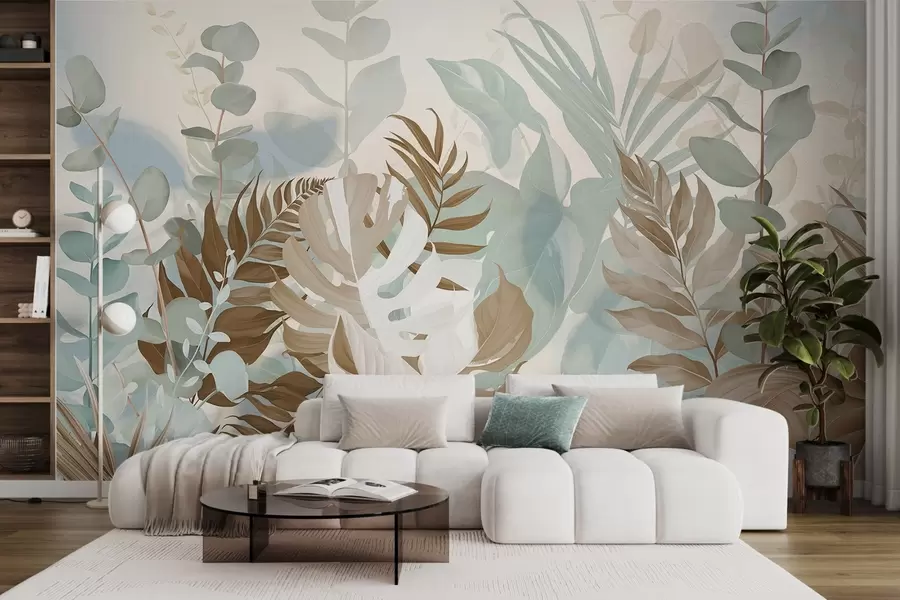 murais de parede Plantas em tons pastel, fetos, monstera e eucalipto, fundo com textura clara, iluminação suave, tranquilidade, ilustração botânica w09316v1