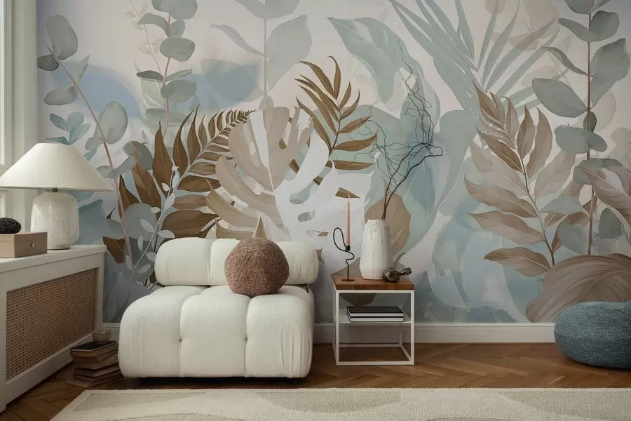 murais de parede Plantas em tons pastel, fetos, monstera e eucalipto, fundo com textura clara, iluminação suave, tranquilidade, ilustração botânica w09316v1