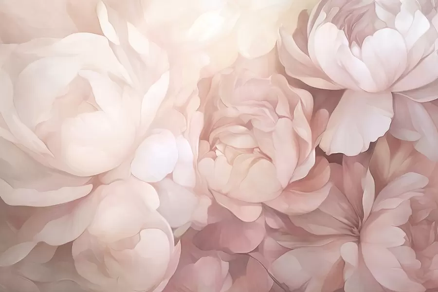 murais de parede Peónias rosa pastel claras com pétalas delicadas, suaves e texturadas, dispostas em conjunto, criando uma arte floral densa, iluminação suave w09319