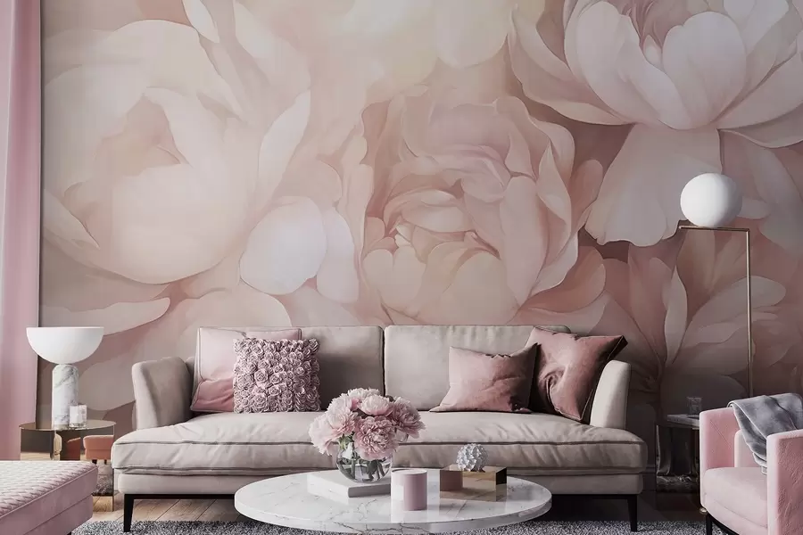 murais de parede Peónias rosa pastel claras com pétalas delicadas, suaves e texturadas, dispostas em conjunto, criando uma arte floral densa, iluminação suave w09319