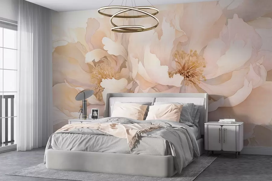 murais de parede Flores com textura de peónia com pétalas delicadas em tons de pêssego creme e rosa claro com uma textura suave tipo aguarela w09321