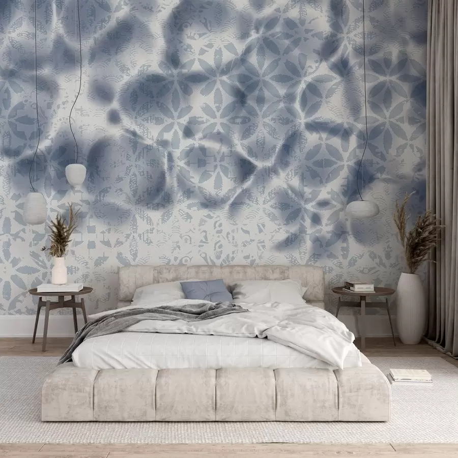 murais de parede Arte abstrata texturada com estampado floral azul, efeito esbatido e desfocado, criando uma atmosfera suave e sonhadora w09322