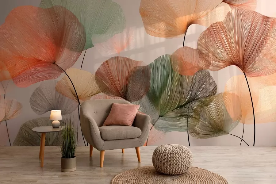 murais de parede folhas de ginkgo multicoloridas com nervuras w04305