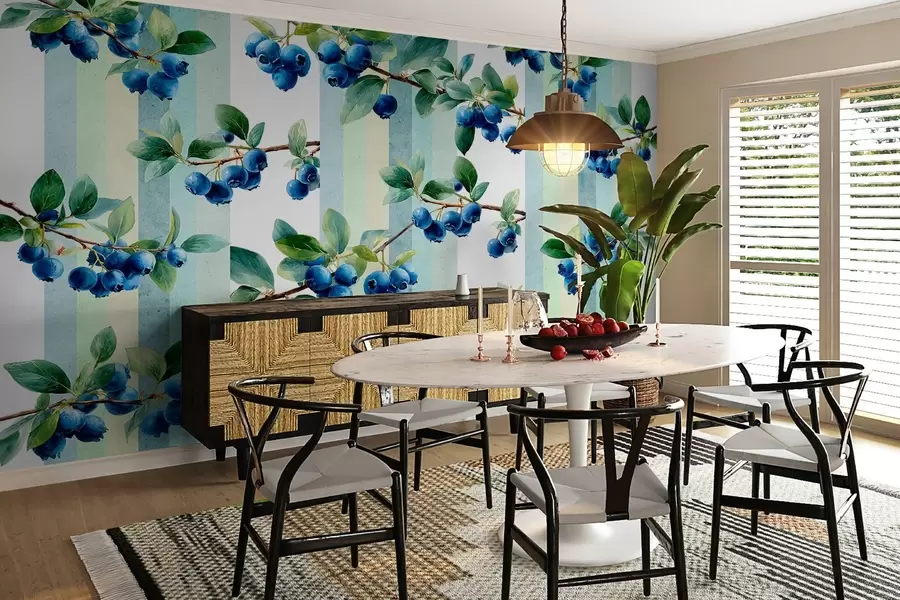 murais de parede cachos de mirtilos sobre um fundo às riscas w04307