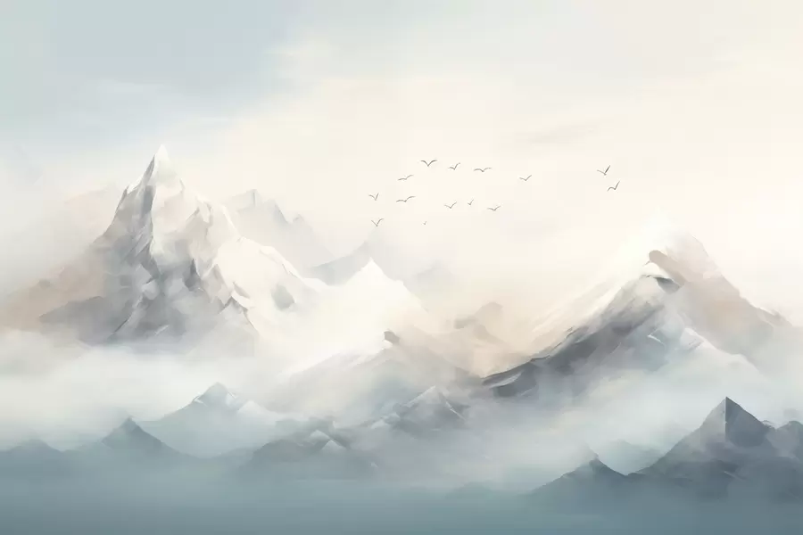 murais de parede Picos de montanhas cobertos de neve no nevoeiro matinal com pássaros a voar w09326