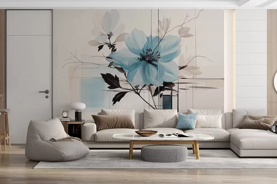 murais de parede Flor azul abstrata texturada com folhas e ramos escuros, formas geométricas minimalistas e linhas em cores suaves w09332