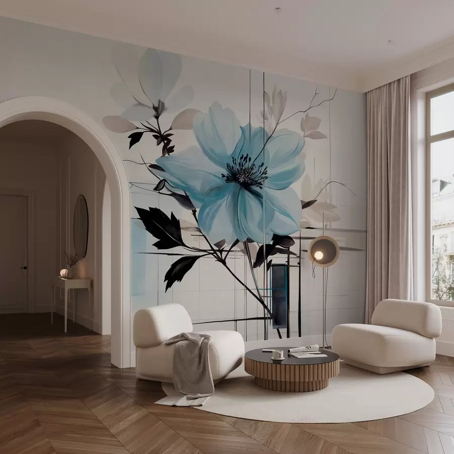 murais de parede Flor azul abstrata texturada com folhas e ramos escuros, formas geométricas minimalistas e linhas em cores suaves w09332