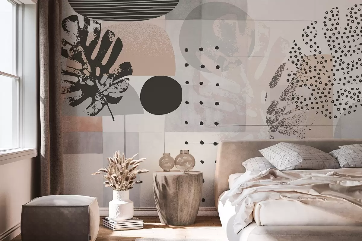 murais de parede Impressão abstrata com formas geométricas e folhas tropicais de monstera, círculos, pontos e linhas, design moderno e minimalista w09333