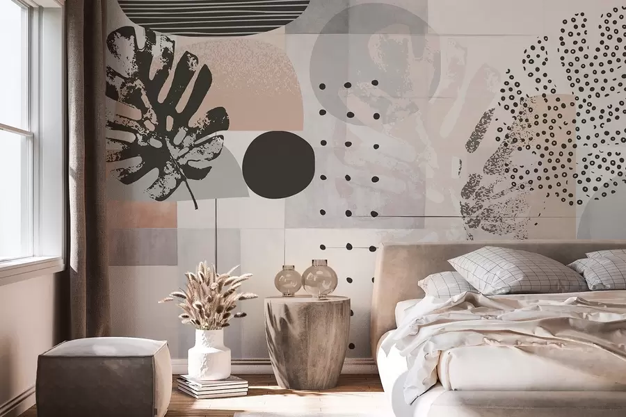 murais de parede Impressão abstrata com formas geométricas e folhas tropicais de monstera, círculos, pontos e linhas, design moderno e minimalista w09333