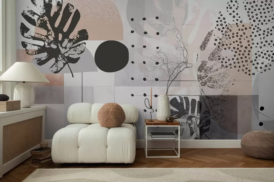 murais de parede Impressão abstrata com formas geométricas e folhas tropicais de monstera, círculos, pontos e linhas, design moderno e minimalista w09333