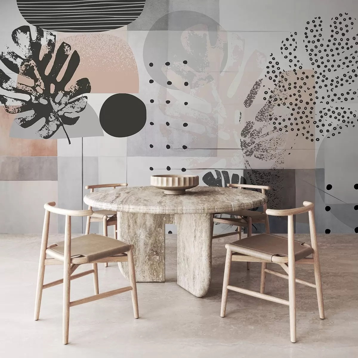 murais de parede Impressão abstrata com formas geométricas e folhas tropicais de monstera, círculos, pontos e linhas, design moderno e minimalista w09333