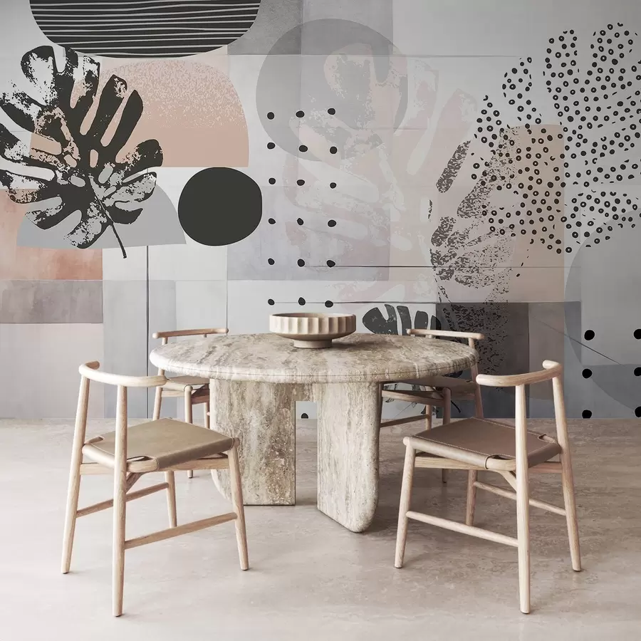 murais de parede Impressão abstrata com formas geométricas e folhas tropicais de monstera, círculos, pontos e linhas, design moderno e minimalista w09333