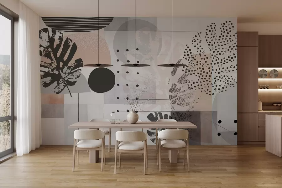 murais de parede Impressão abstrata com formas geométricas e folhas tropicais de monstera, círculos, pontos e linhas, design moderno e minimalista w09333