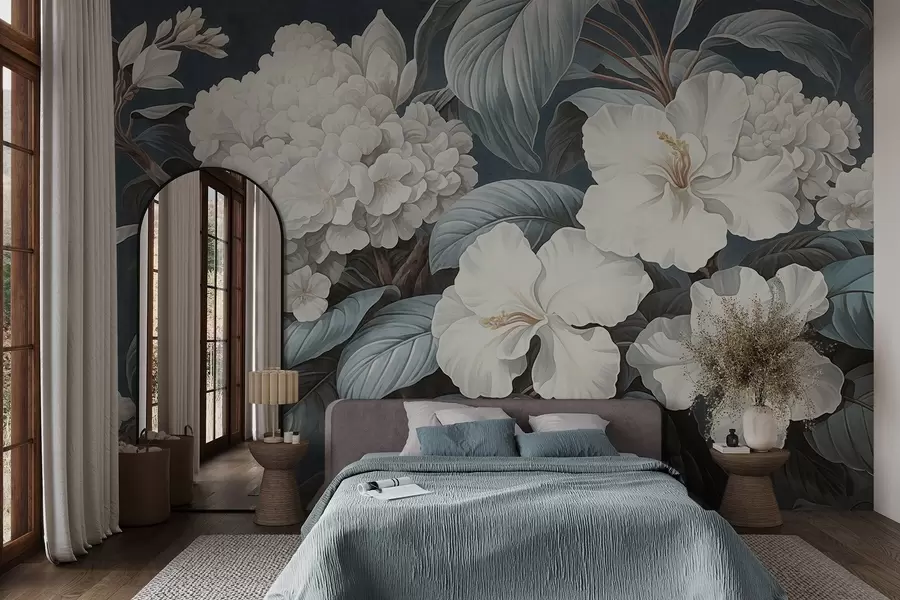 murais de parede Flores tropicais brancas com pétalas e folhas delicadas num fundo azul escuro, estilo vintage texturado, ilustração botânica w09334