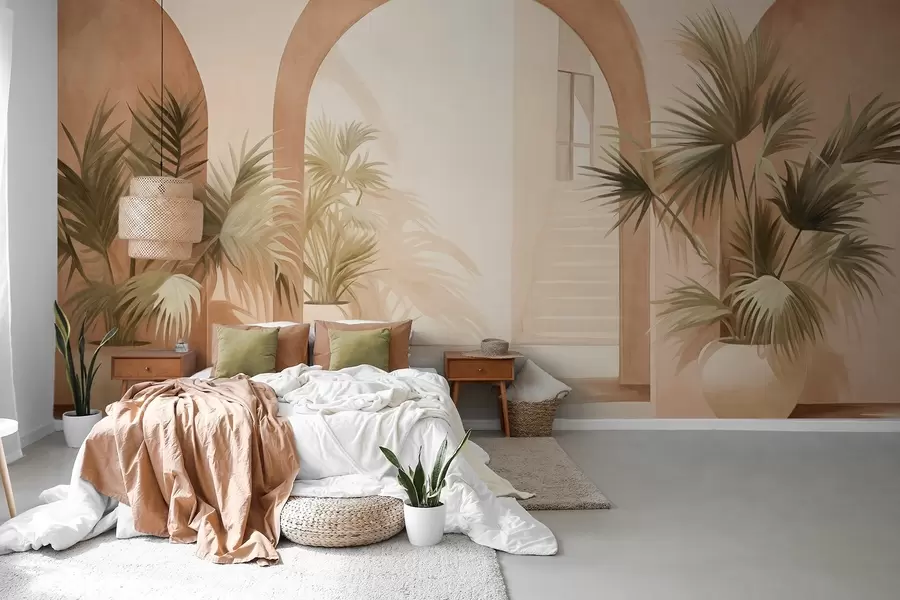 murais de parede Arcos texturados com vasos de plantas, paleta de cores bege claro, design minimalista, escadaria ao fundo w09339