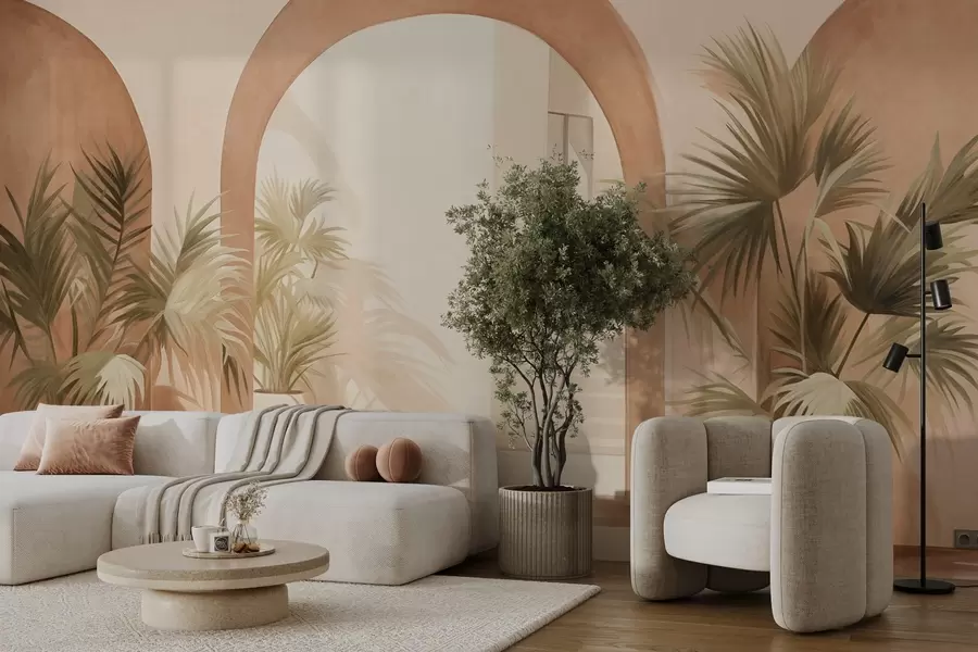 murais de parede Arcos texturados com vasos de plantas, paleta de cores bege claro, design minimalista, escadaria ao fundo w09339