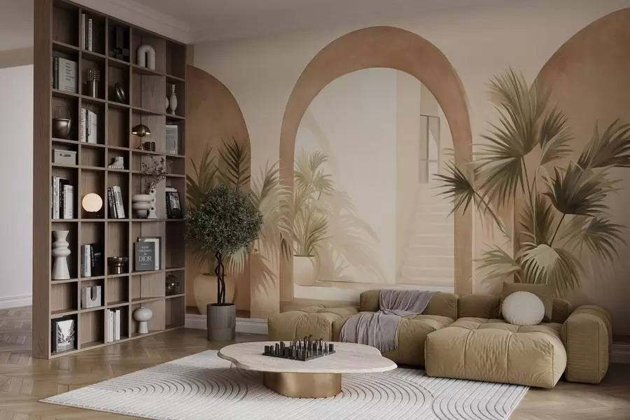 murais de parede Arcos texturados com vasos de plantas, paleta de cores bege claro, design minimalista, escadaria ao fundo w09339