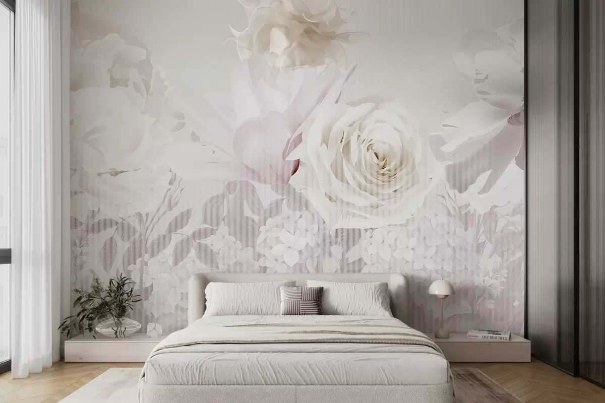murais de parede Arranjo floral com rosas, hortênsias e tulipas em tons pastel suaves de branco, rosa e bege, com textura às riscas w09340
