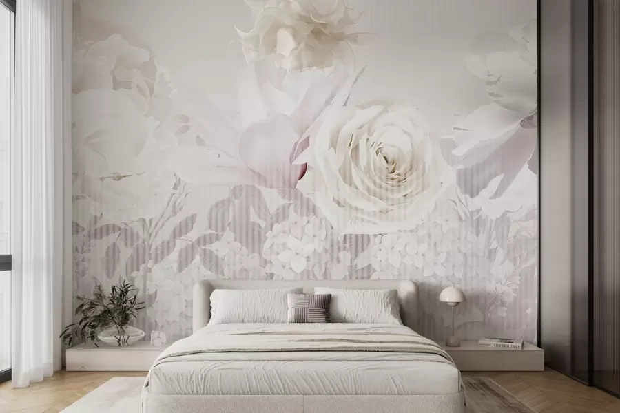 murais de parede Arranjo floral com rosas, hortênsias e tulipas em tons pastel suaves de branco, rosa e bege, com textura às riscas w09340