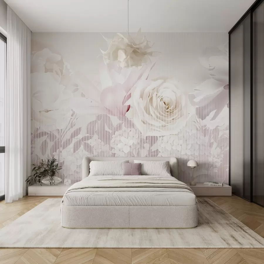 murais de parede Arranjo floral com rosas, hortênsias e tulipas em tons pastel suaves de branco, rosa e bege, com textura às riscas w09340