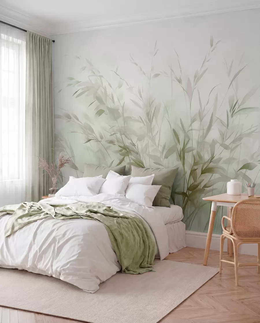 murais de parede Relva e ervas daninhas com folhas e caules finos, cores verde-claro e castanho, pinceladas suaves e delicadas, impressão minimalista w09342