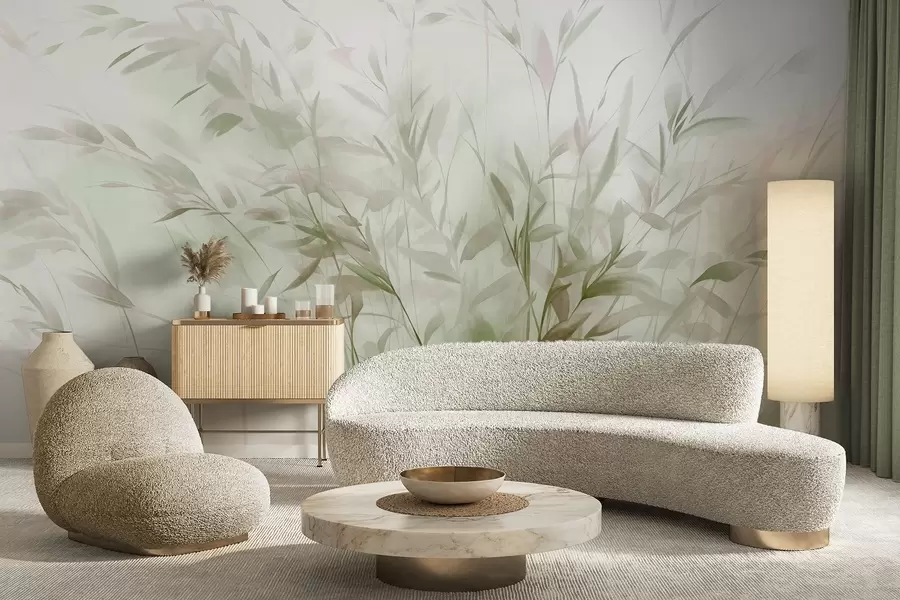 murais de parede Relva e ervas daninhas com folhas e caules finos, cores verde-claro e castanho, pinceladas suaves e delicadas, impressão minimalista w09342