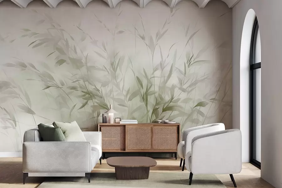 murais de parede Relva e ervas daninhas com folhas e caules finos, cores verde-claro e castanho, pinceladas suaves e delicadas, impressão minimalista w09342