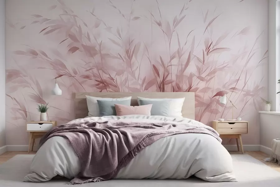 murais de parede Relva e ervas daninhas com folhas e caules finos, cores rosa claro, pinceladas suaves e delicadas, impressão minimalista w09342v2