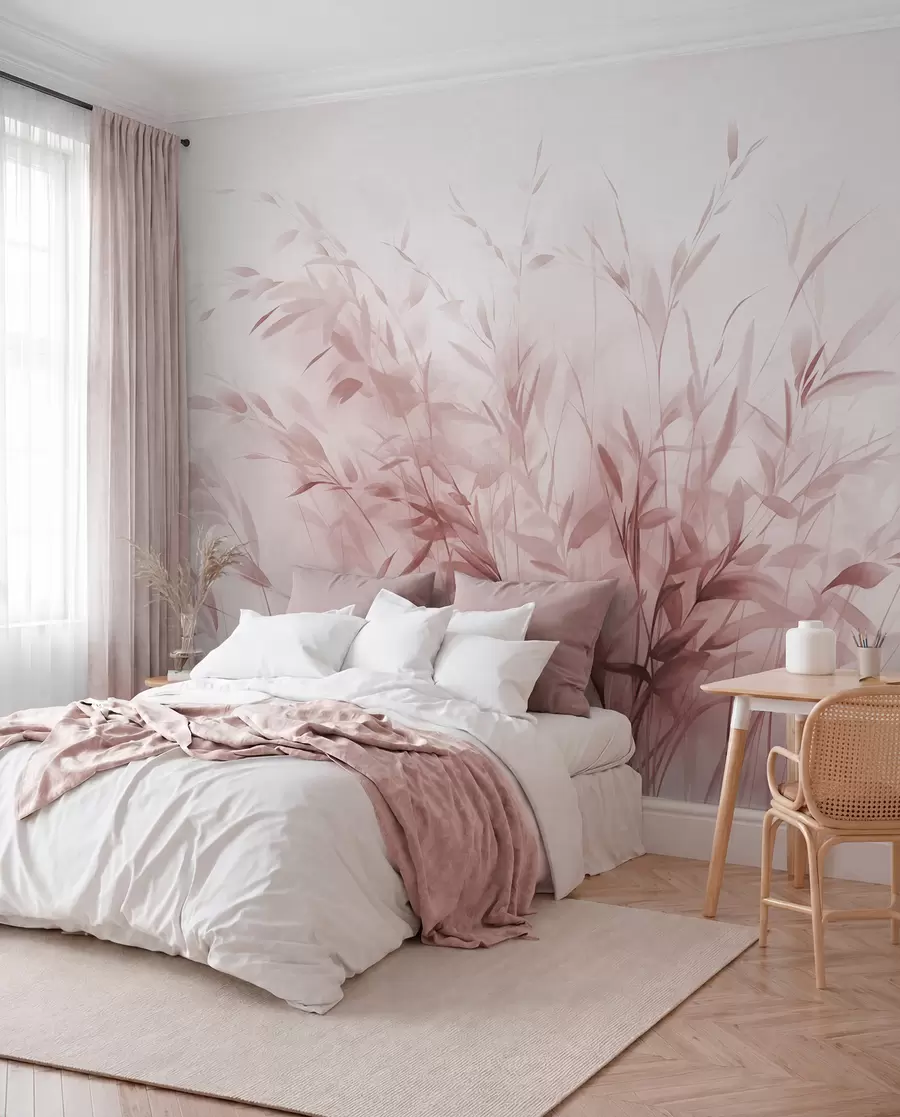 murais de parede Relva e ervas daninhas com folhas e caules finos, cores rosa claro, pinceladas suaves e delicadas, impressão minimalista w09342v2