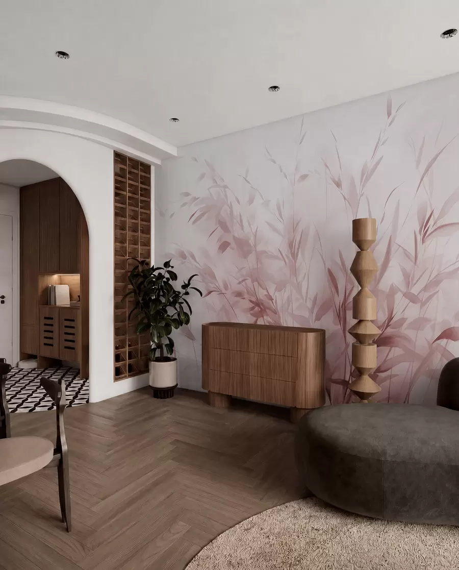 murais de parede Relva e ervas daninhas com folhas e caules finos, cores rosa claro, pinceladas suaves e delicadas, impressão minimalista w09342v2
