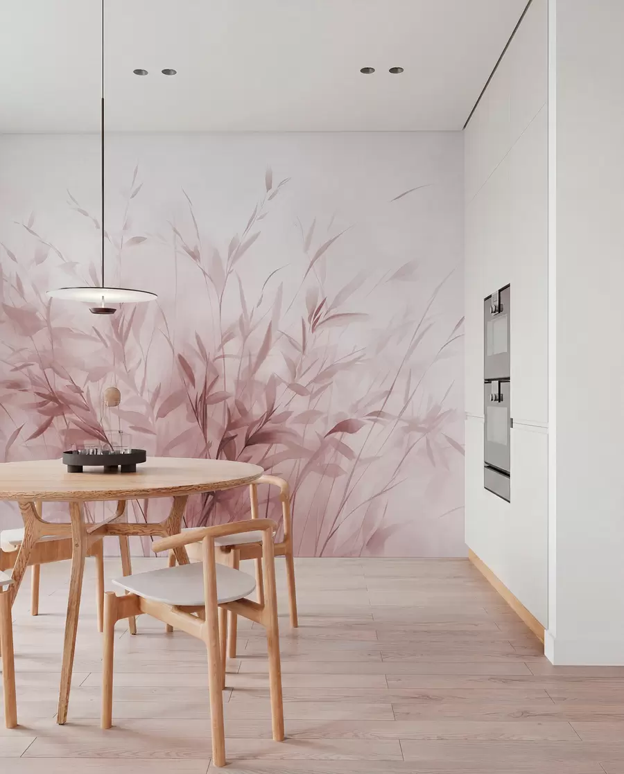 murais de parede Relva e ervas daninhas com folhas e caules finos, cores rosa claro, pinceladas suaves e delicadas, impressão minimalista w09342v2