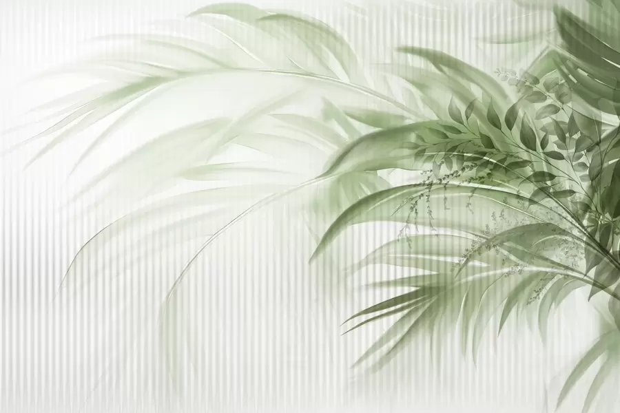 murais de parede Folhas verdes de palmeiras tropicais com um fundo branco às riscas, iluminação suave, pinceladas delicadas, formas orgânicas w09343
