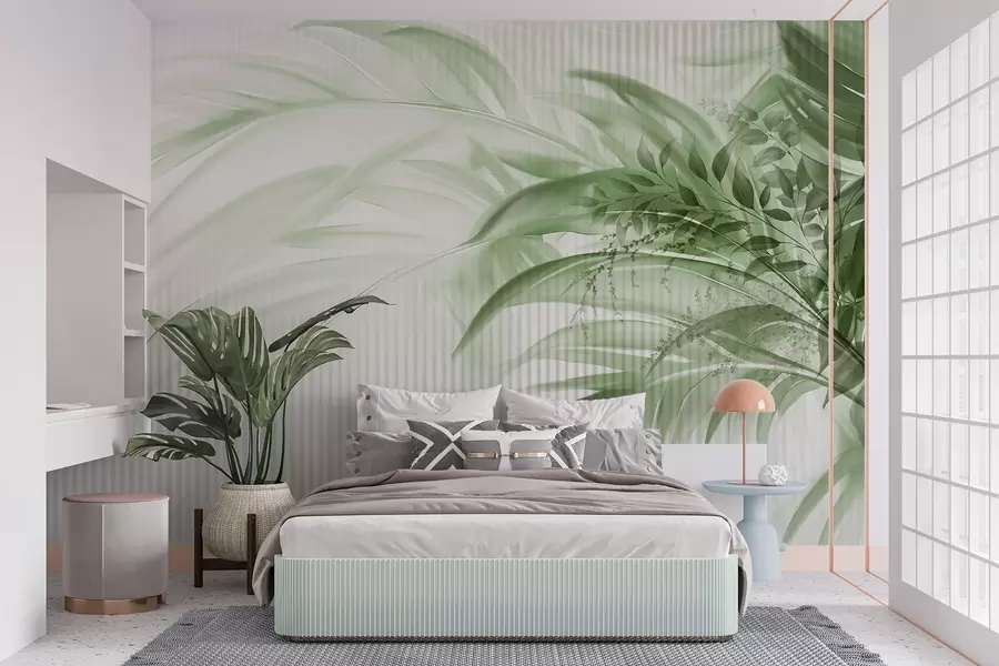 murais de parede Folhas verdes de palmeiras tropicais com um fundo branco às riscas, iluminação suave, pinceladas delicadas, formas orgânicas w09343