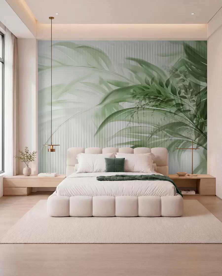 murais de parede Folhas verdes de palmeiras tropicais com um fundo branco às riscas, iluminação suave, pinceladas delicadas, formas orgânicas w09343