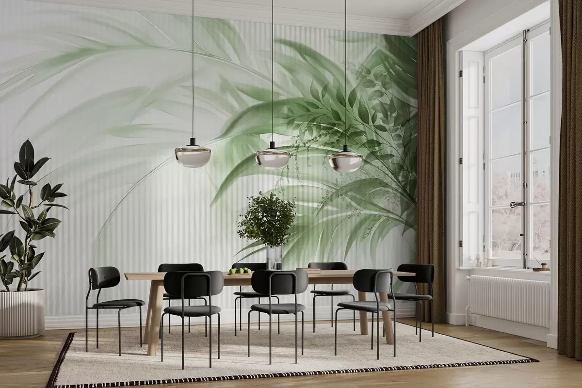 murais de parede Folhas verdes de palmeiras tropicais com um fundo branco às riscas, iluminação suave, pinceladas delicadas, formas orgânicas w09343