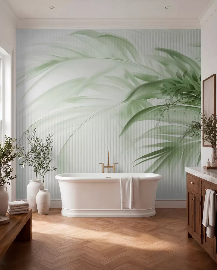murais de parede Folhas verdes de palmeiras tropicais com um fundo branco às riscas, iluminação suave, pinceladas delicadas, formas orgânicas w09343