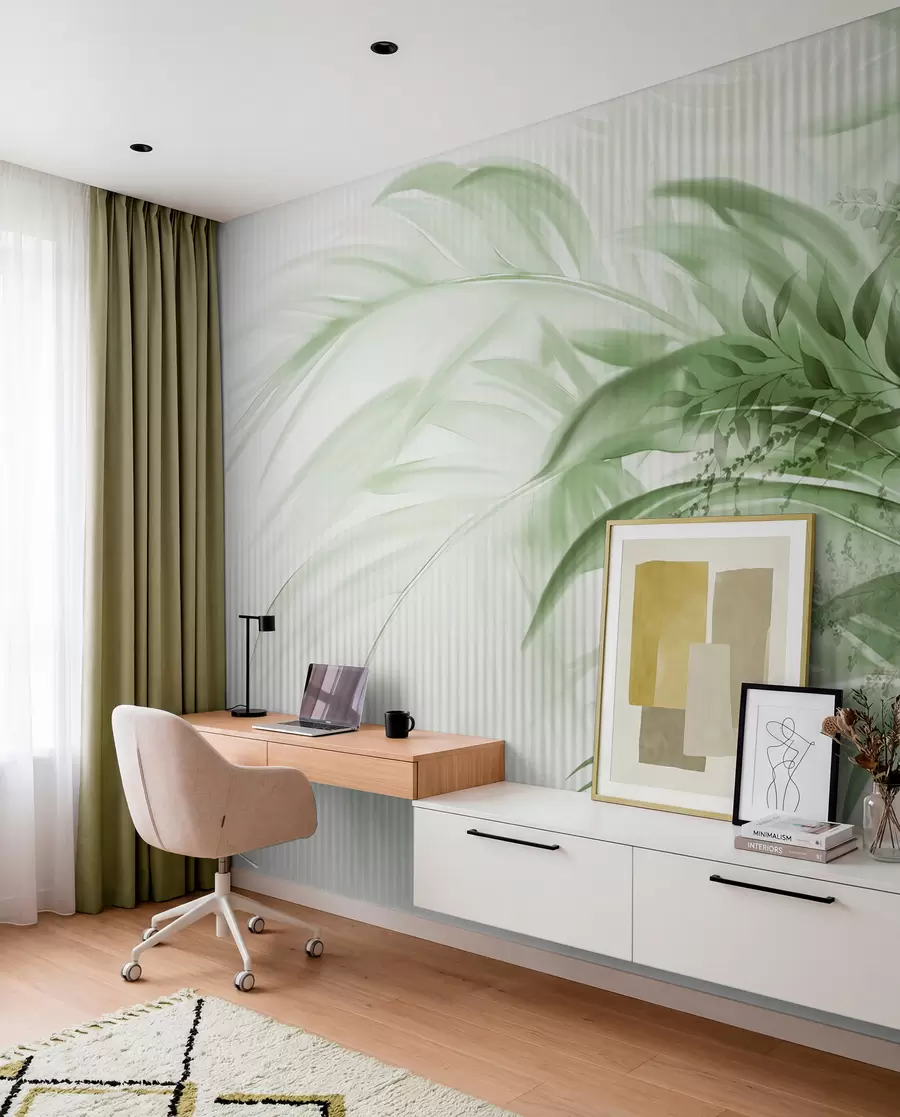 murais de parede Folhas verdes de palmeiras tropicais com um fundo branco às riscas, iluminação suave, pinceladas delicadas, formas orgânicas w09343