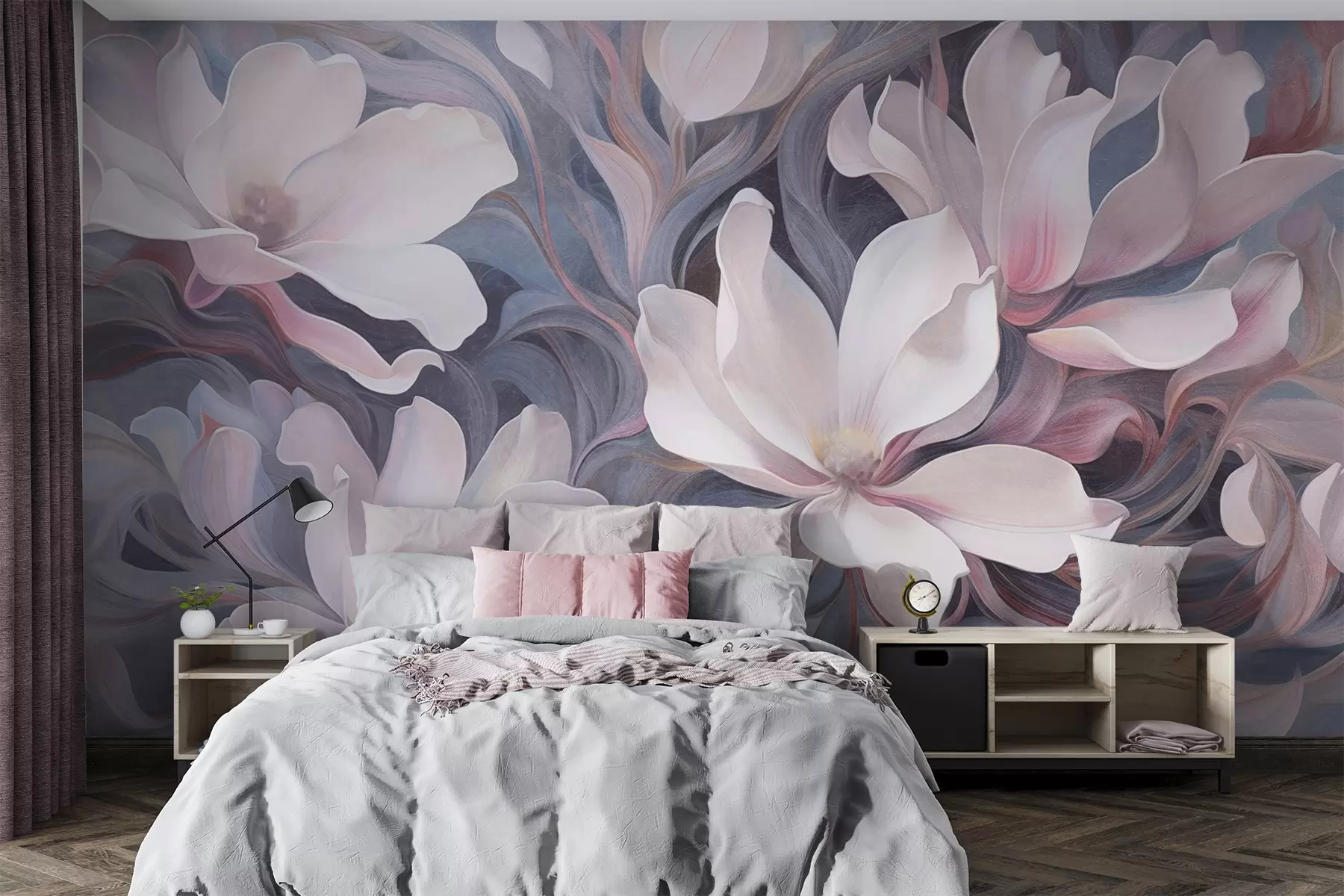 murais de parede Pintura texturizada de flores de magnólia brancas com toques cor-de-rosa, sobre um fundo de tons azulados e cinzentos w09344