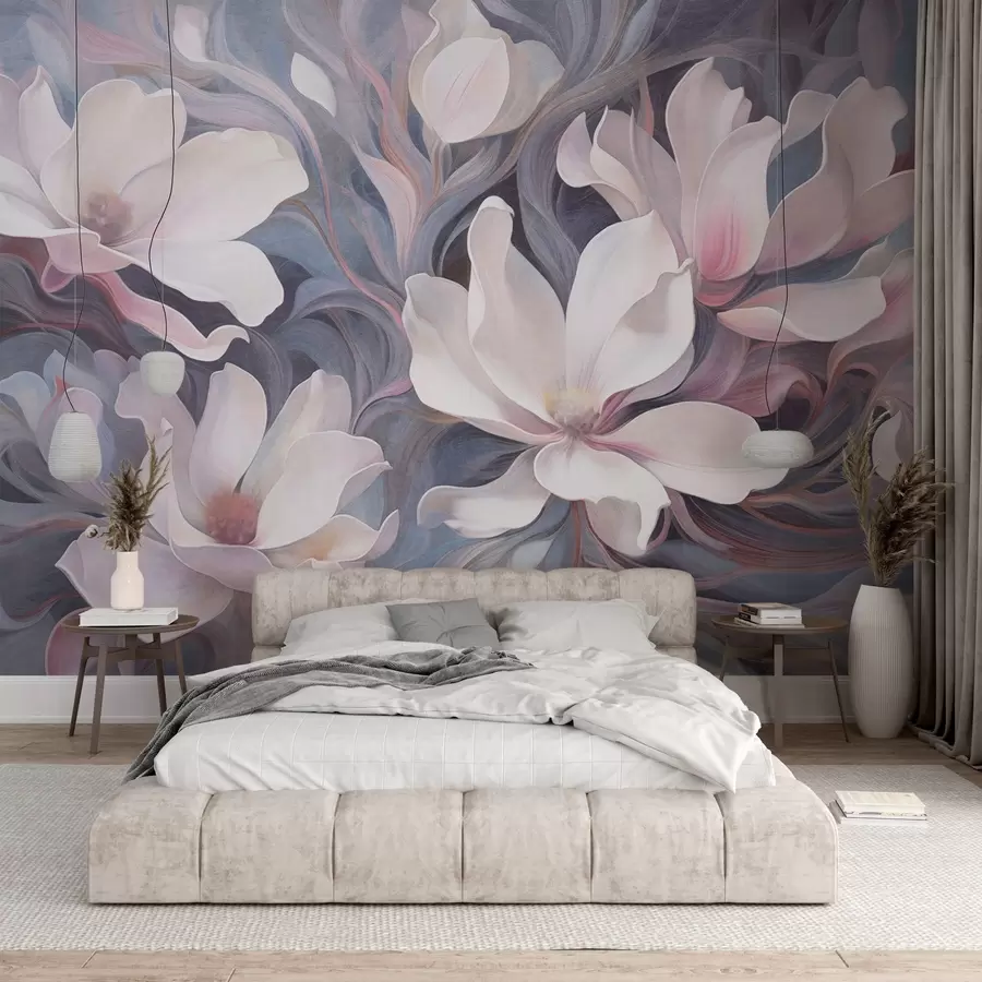 murais de parede Pintura texturizada de flores de magnólia brancas com toques cor-de-rosa, sobre um fundo de tons azulados e cinzentos w09344
