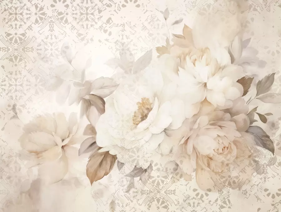 murais de parede Um arranjo floral de peónias brancas com folhas bege, sobre um fundo decorativo com uma textura vintage w09345
