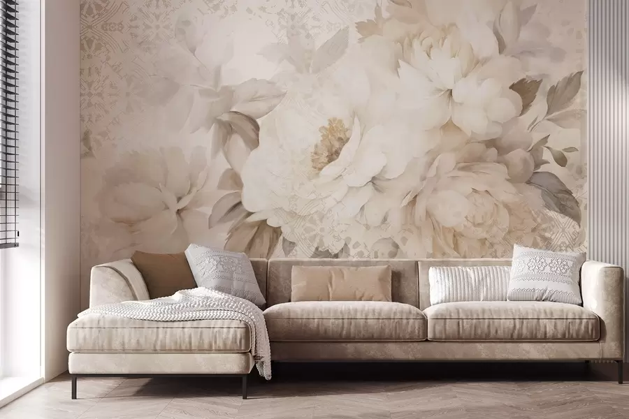 murais de parede Um arranjo floral de peónias brancas com folhas bege, sobre um fundo decorativo com uma textura vintage w09345