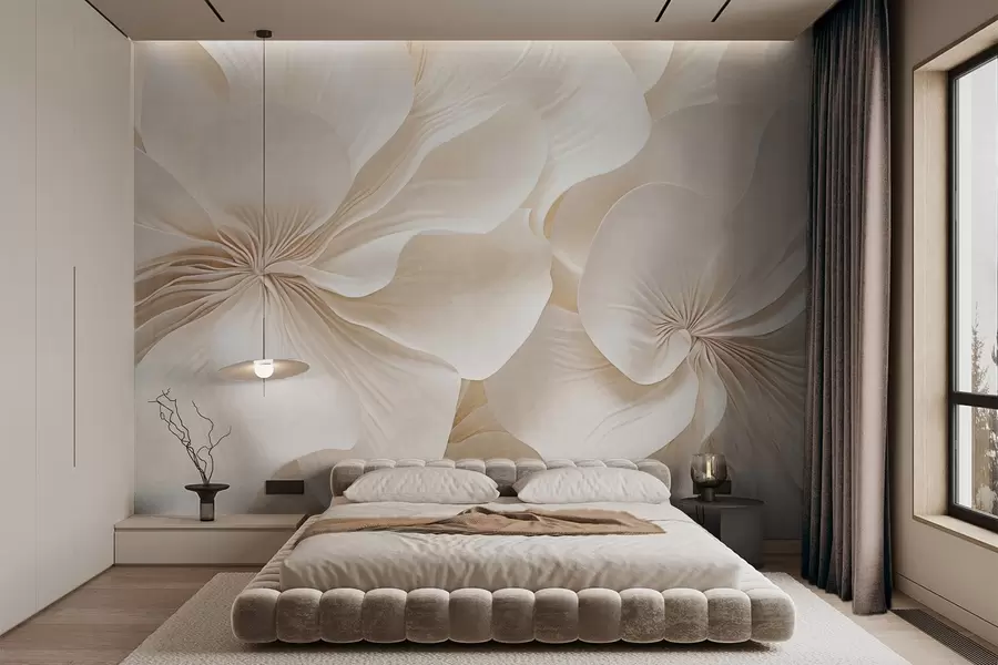 murais de parede Grande plano de flores de textura cremosa com pétalas delicadas e fluidas, criando um arranjo floral suave, elegante e texturado w09346