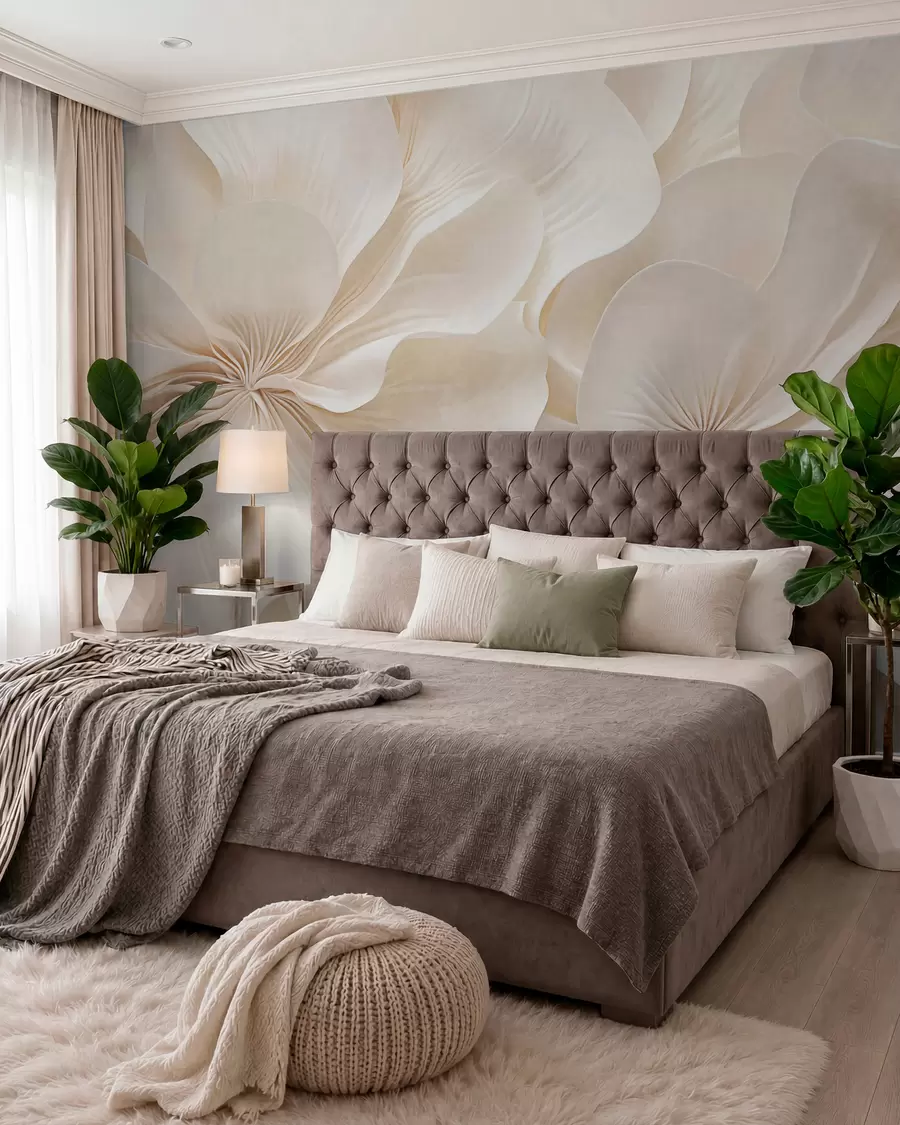 murais de parede Grande plano de flores de textura cremosa com pétalas delicadas e fluidas, criando um arranjo floral suave, elegante e texturado w09346